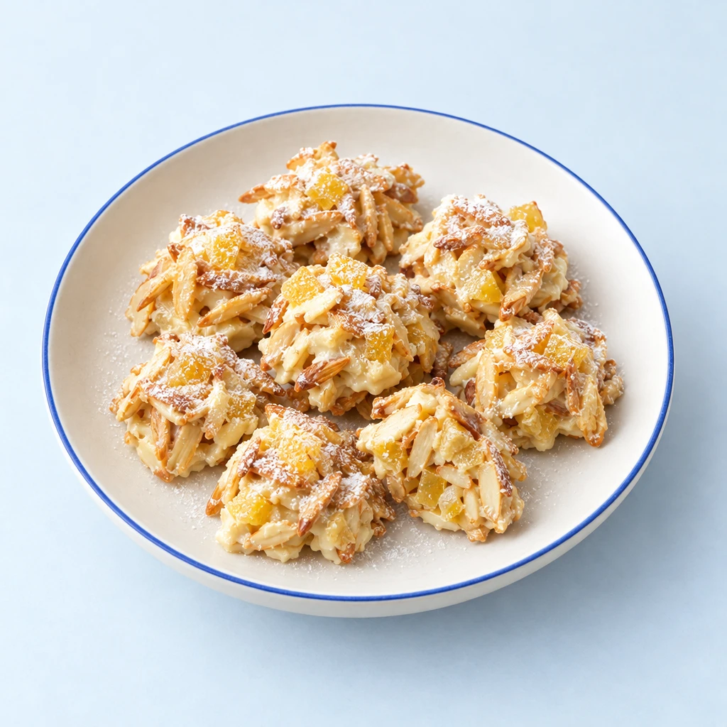 Pineapple and almond clusters coated in white chocolate couverture and lightly dusted with icing sugar on a plate.