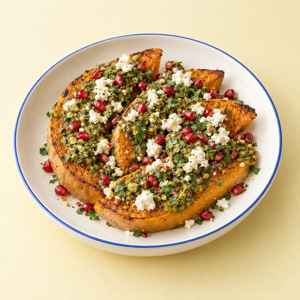 Ofengebackene Butternusskürbisscheiben mit Pistazienpesto, zerbröseltem Feta und Granatapfelkernen auf einem Teller.