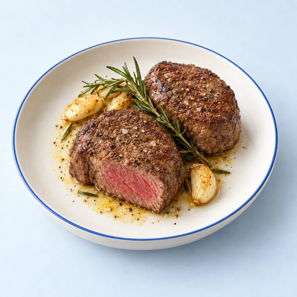 Scharf angebratene Rinderfiletmedaillons mit gegartem Knoblauch und Rosmarin auf einem Teller.