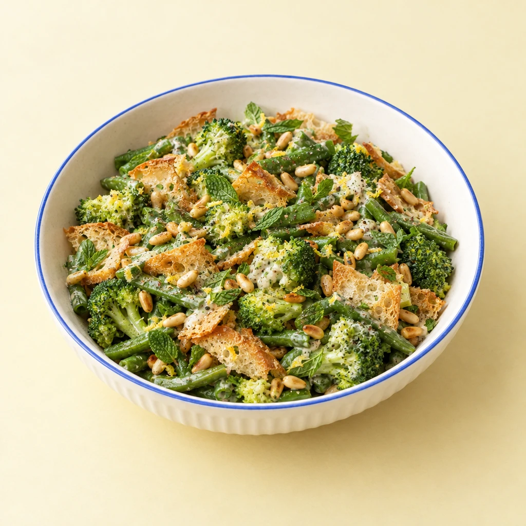 Green bean and broccoli salad with creamy dressing, mint leaves, crisp baguette chips and toasted pine nuts.