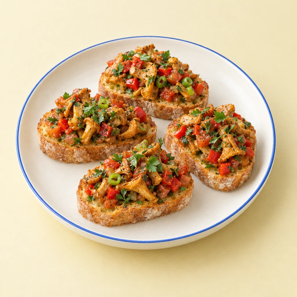 Toasted ciabatta slices topped with chanterelles, tomatoes, red pepper and parsley leaves.