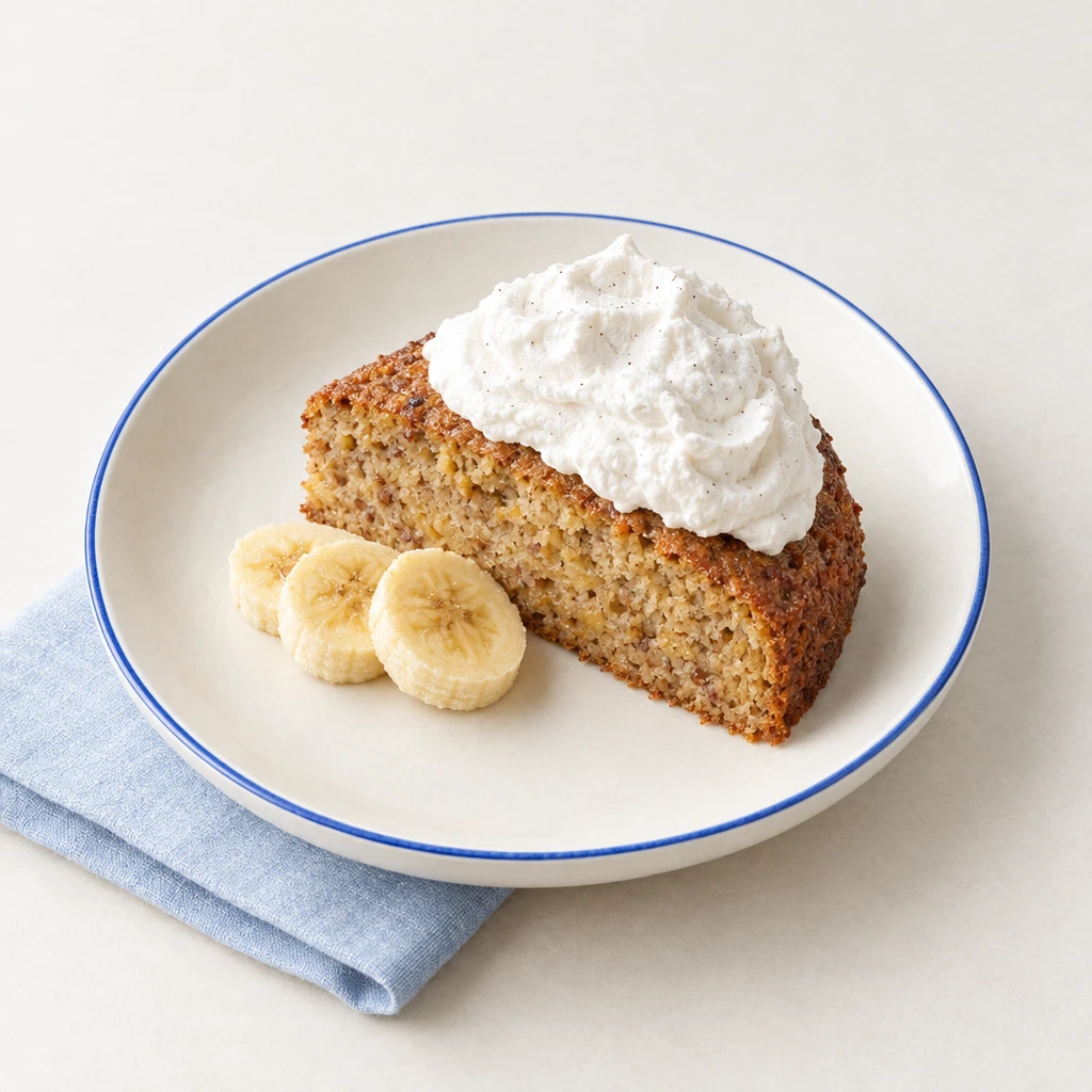 Round banana cake with a golden-brown crust, a cut slice and a dollop of whipped coconut cream on a plate.