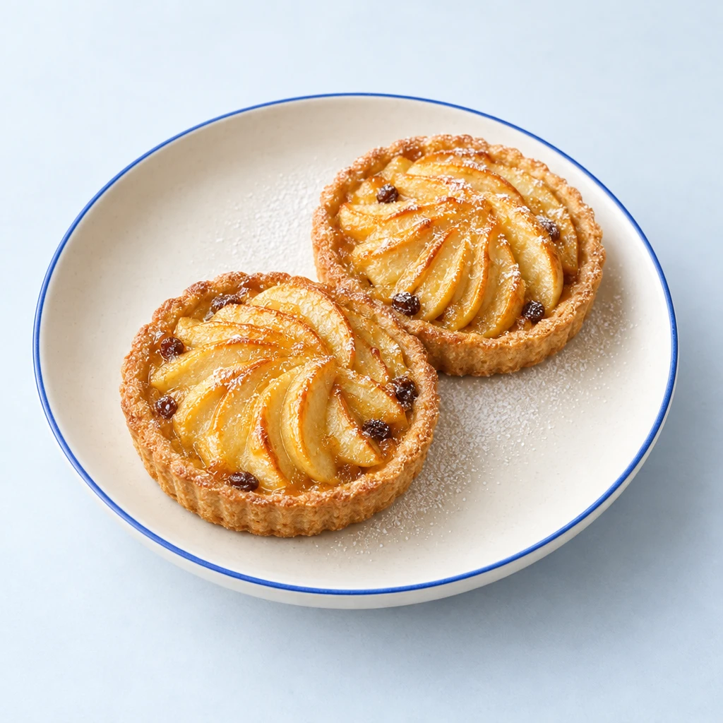 Apple tartlet with golden shortcrust pastry, apple purée and overlapping apple slices glazed with apricot jam.