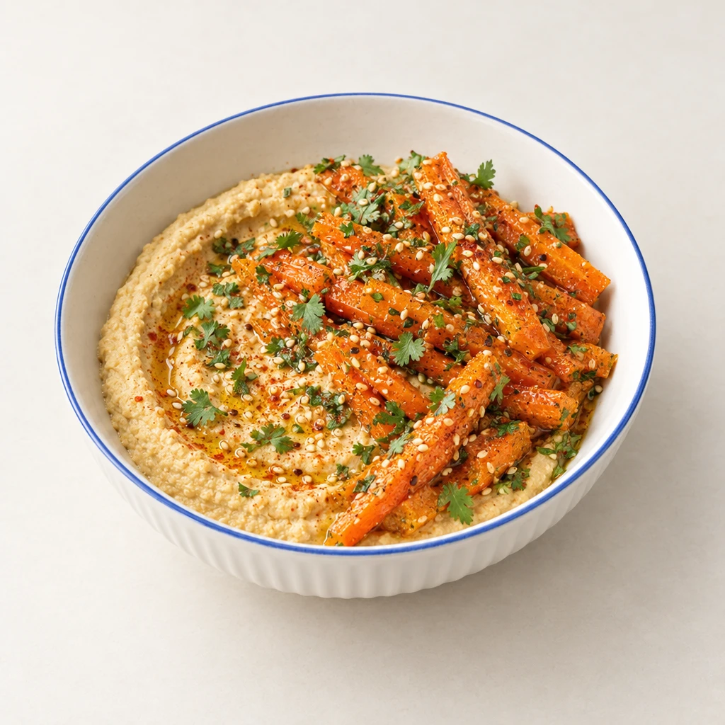 Cremiger Hummus mit gegarten Karottensticks, geröstetem Sesam und Koriander in einer flachen Schale.