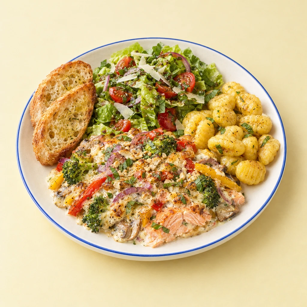 Lachs-Gemüse-Gratin mit Cashewkernen und Basilikum, dazu Gnocchi, Blattsalat mit Parmesan und Ciabatta.