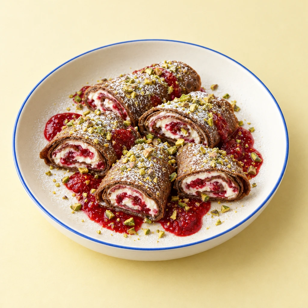 Chocolate pancake rolls filled with mascarpone and quark cream and raspberries, served with raspberry sauce, chopped pistachios and icing sugar.