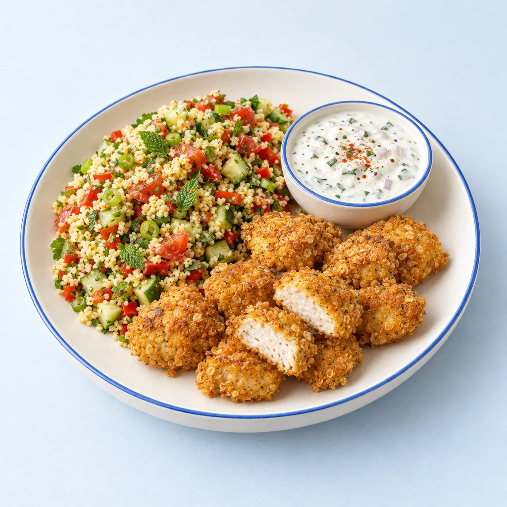 Goldbraune Hähnchen-Nuggets mit Haferflockenpanade, Couscous-Salat mit Gurke, Tomate und Kräutern sowie cremigem Dip.