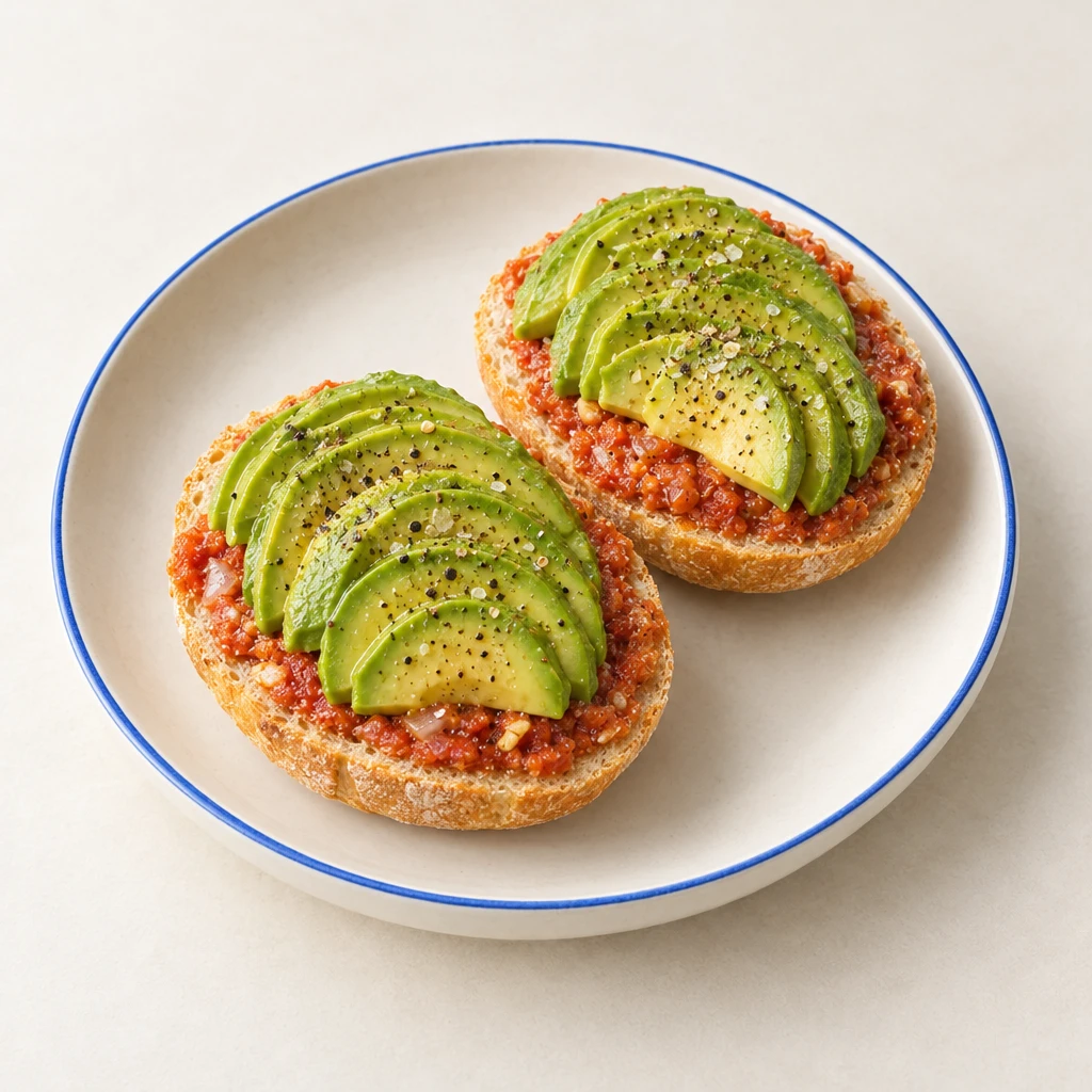 Bread roll halves topped with tomato and almond dip and fanned avocado slices.
