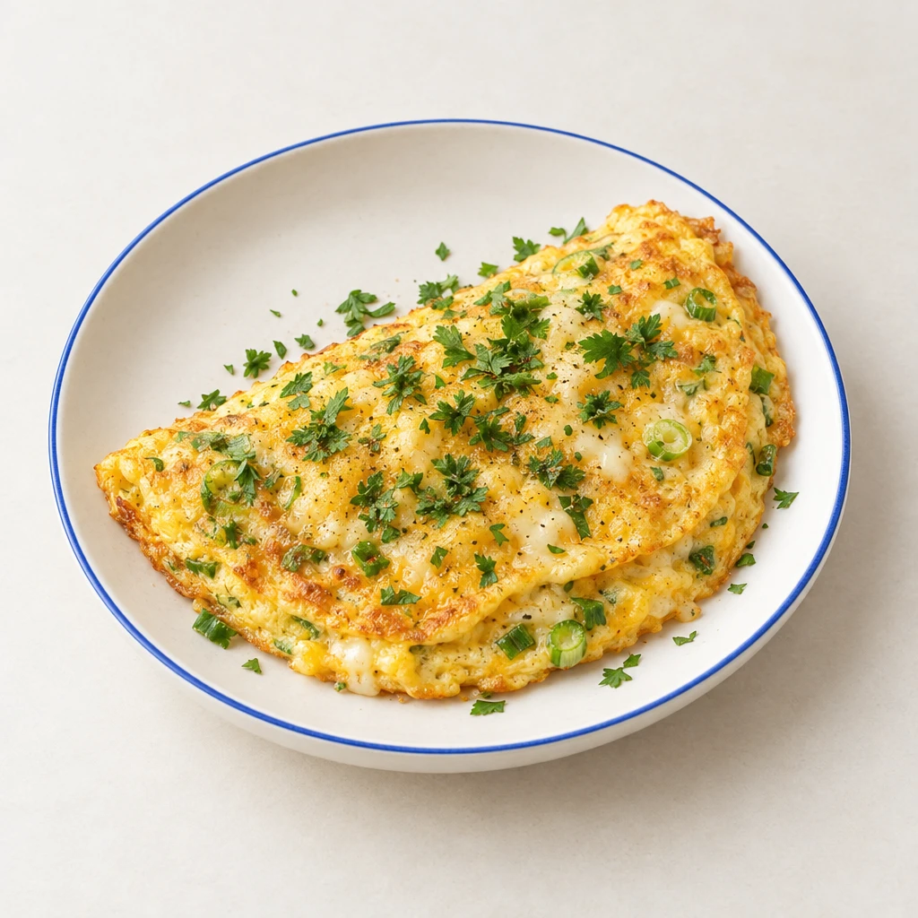 Käseomelette mit Frühlingszwiebeln und gehackter Petersilie auf einem Teller.