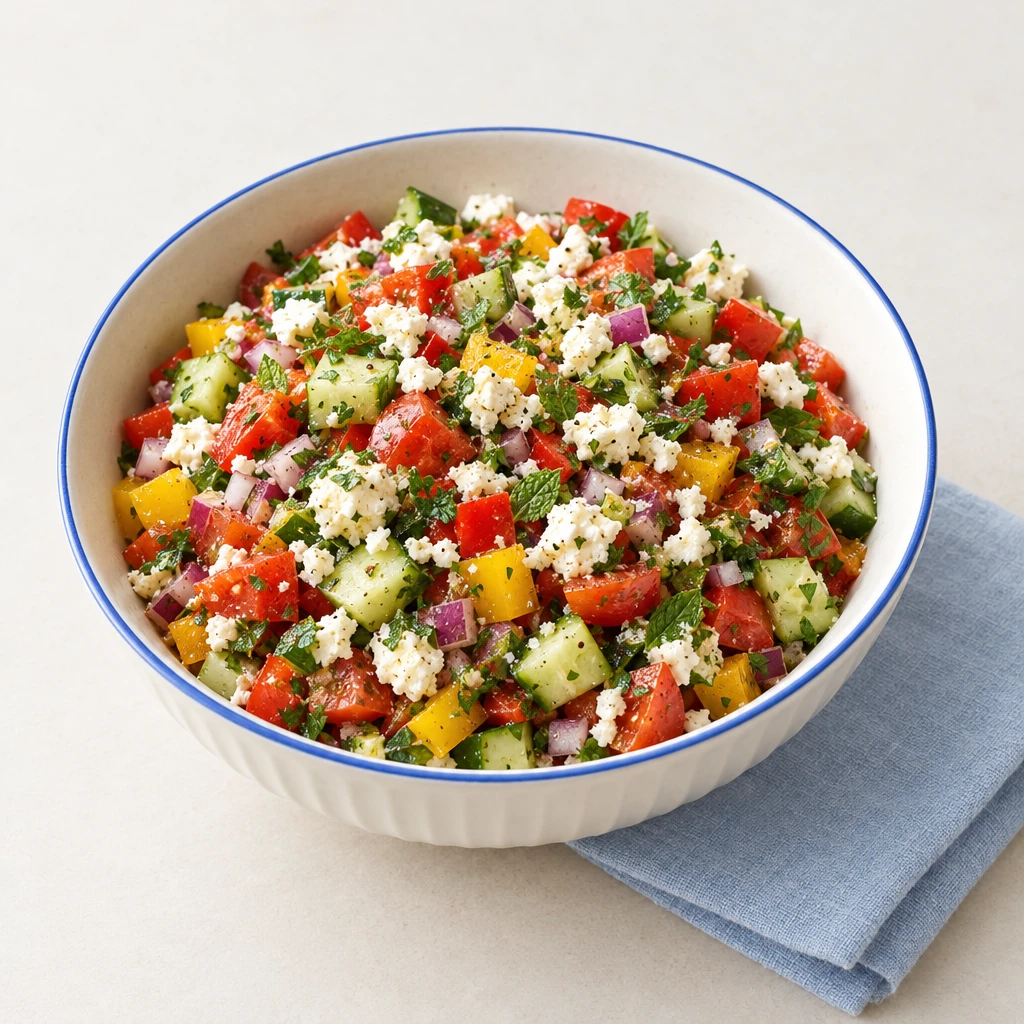 Shopska salad with diced cucumber, tomatoes, red and yellow peppers, red onion, herbs and crumbled feta.