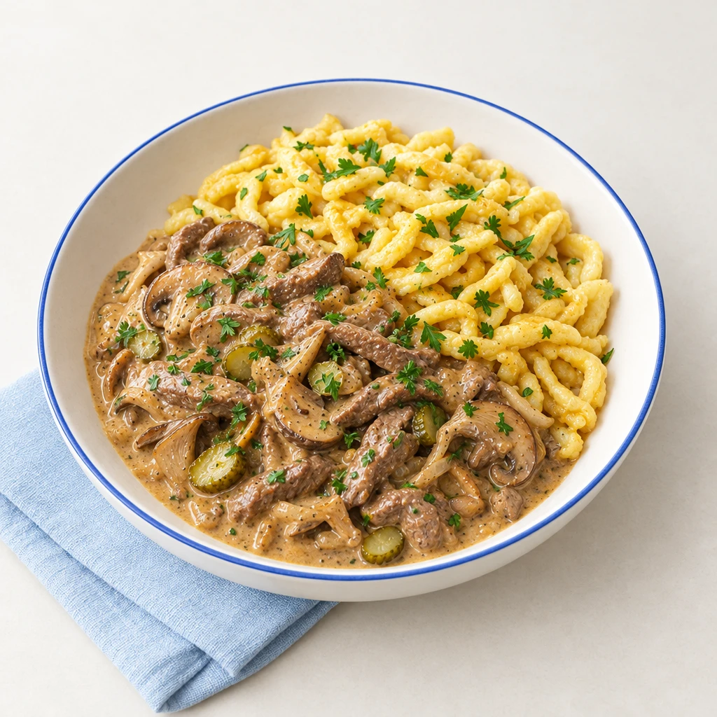 Boeuf Stroganoff mit Pilzen und Cornichons in cremiger Soße, dazu Spätzle und gehackte Petersilie.