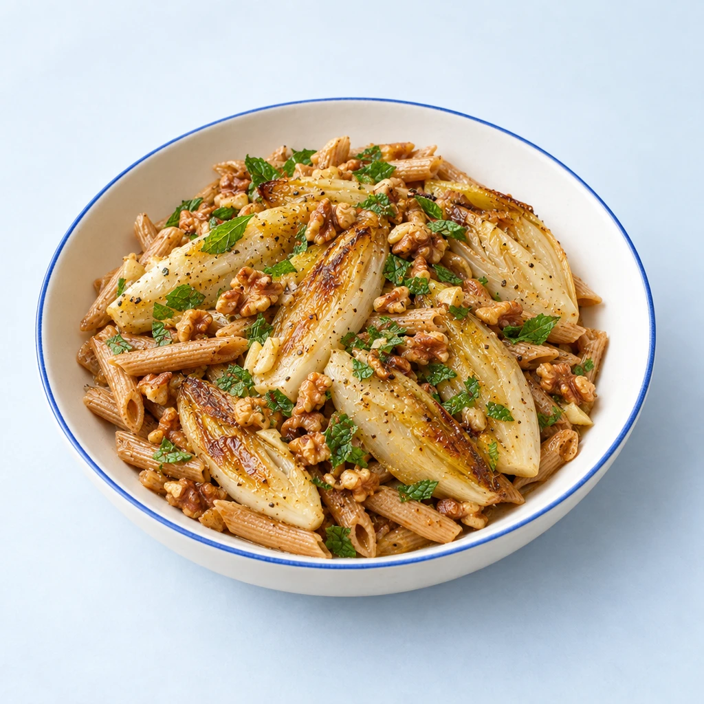 Whole pan-fried chicory with wholewheat penne, vanilla and orange vinaigrette, toasted walnuts and chopped mint.