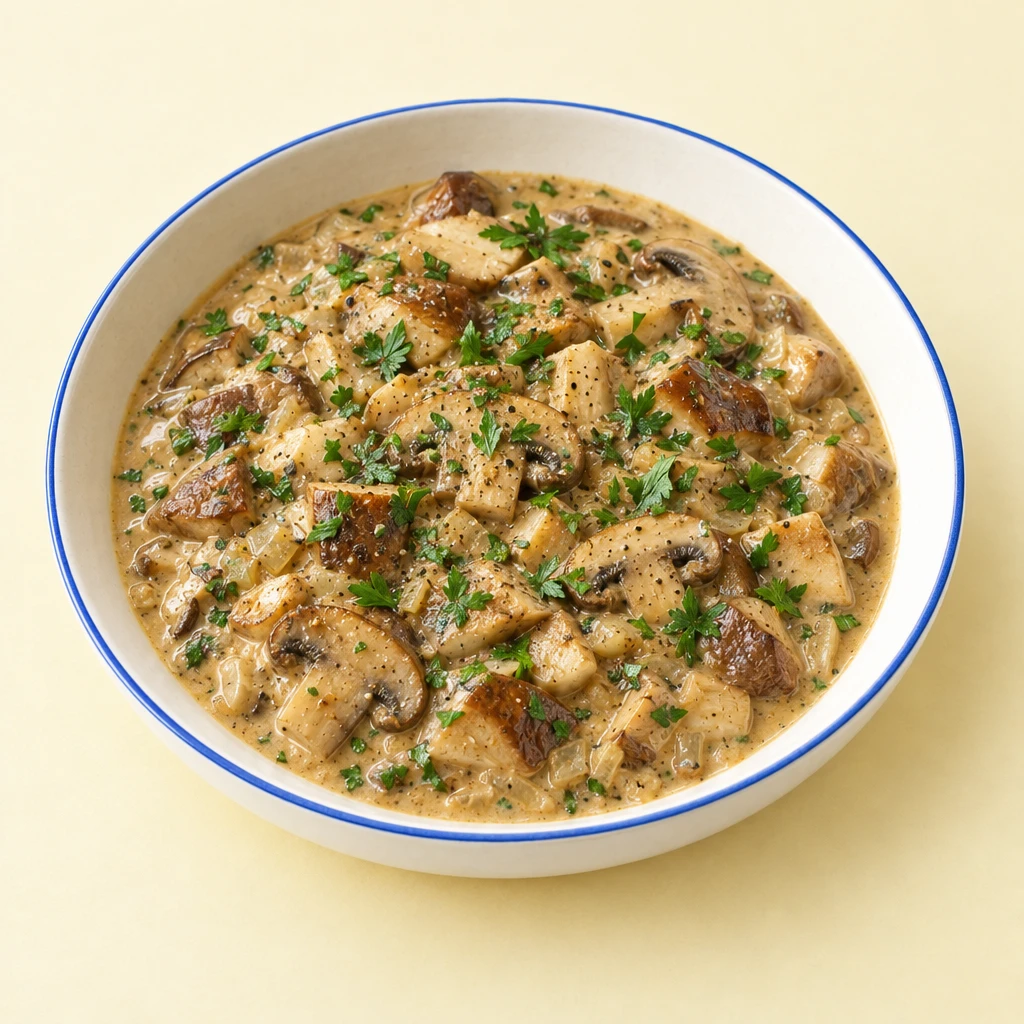 Creamy chestnut mushroom and porcini sauce in a shallow bowl, garnished with chopped parsley.
