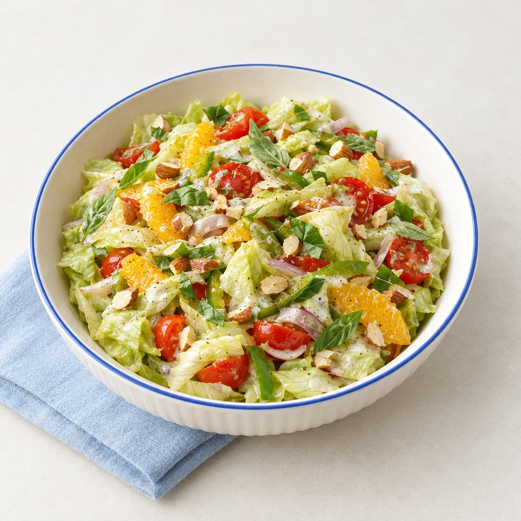 Warm iceberg lettuce salad with green pepper, cherry tomatoes, orange pieces, creamy dressing, almonds and basil.