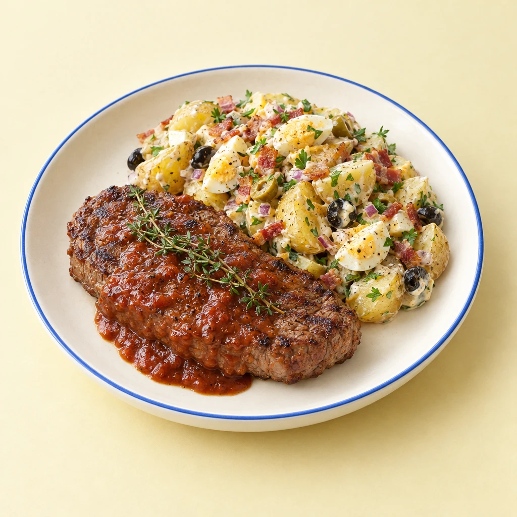 Gegrilltes Entrecôte-Steak mit BBQ-Sauce und Thymian, daneben cremiger Kartoffelsalat mit Ei, Speck und Oliven.