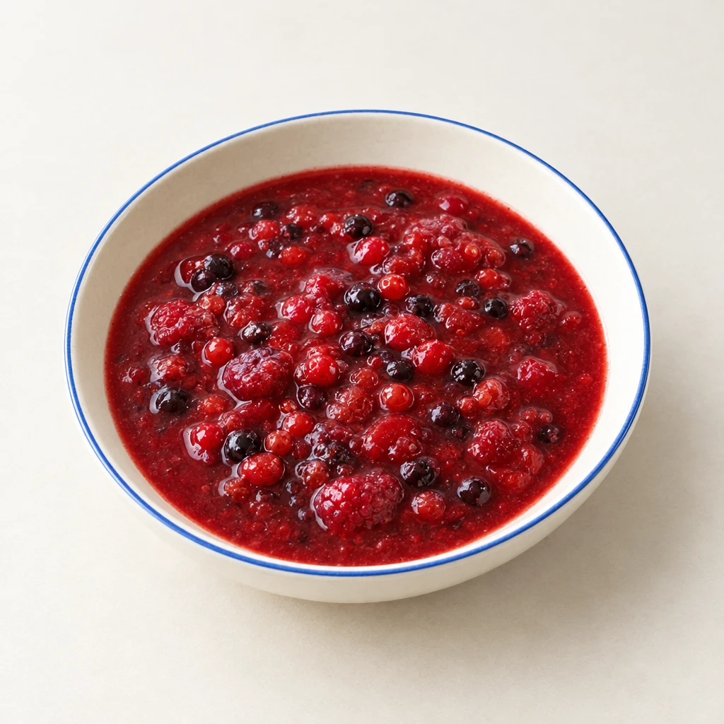 Red berry dessert with whole berries in a glossy red fruit sauce, served in a shallow bowl.