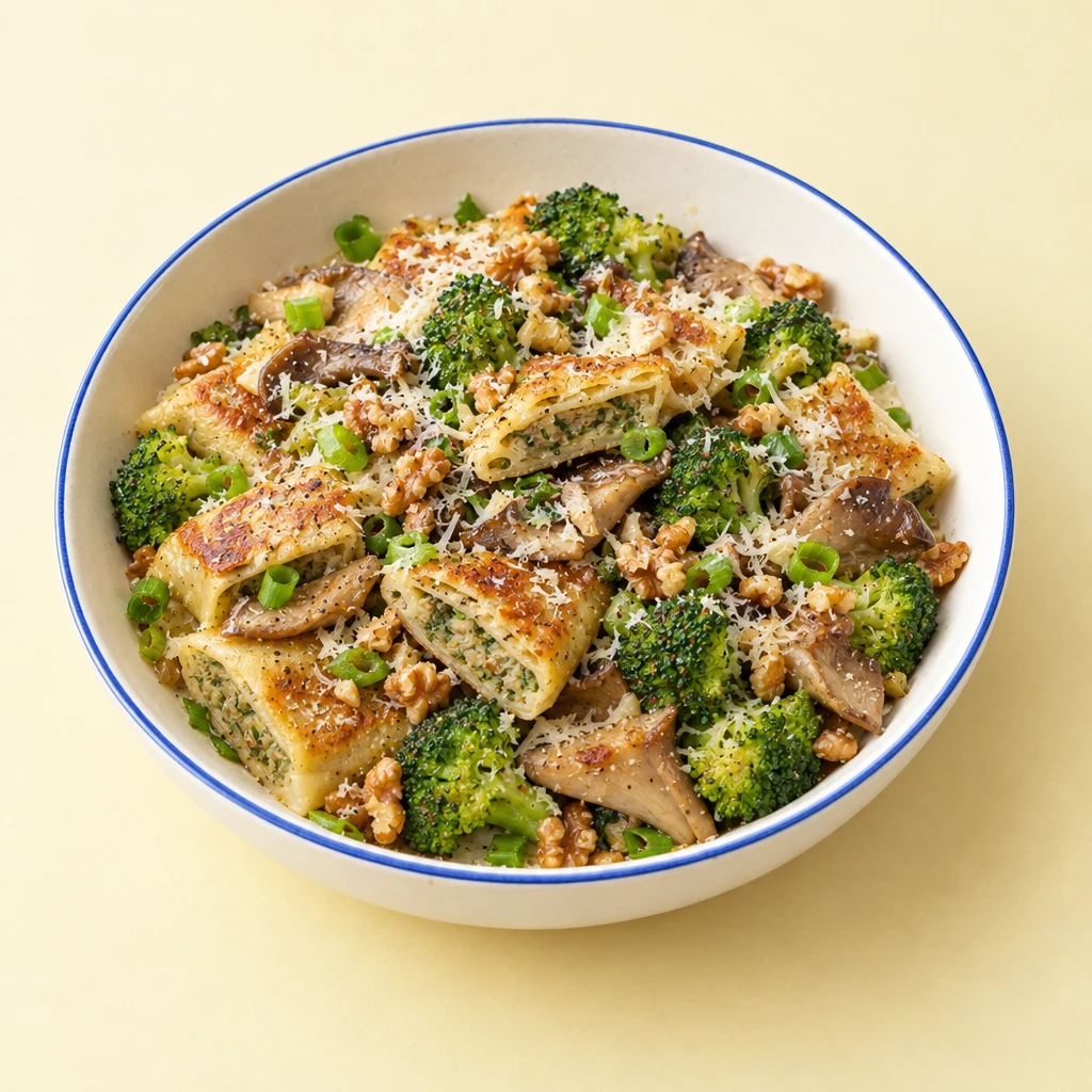 Goldbraun gebratene Maultaschenstücke mit Brokkoli, Austernpilzen und Frühlingszwiebeln, bestreut mit Walnüssen und geriebenem Bergkäse.