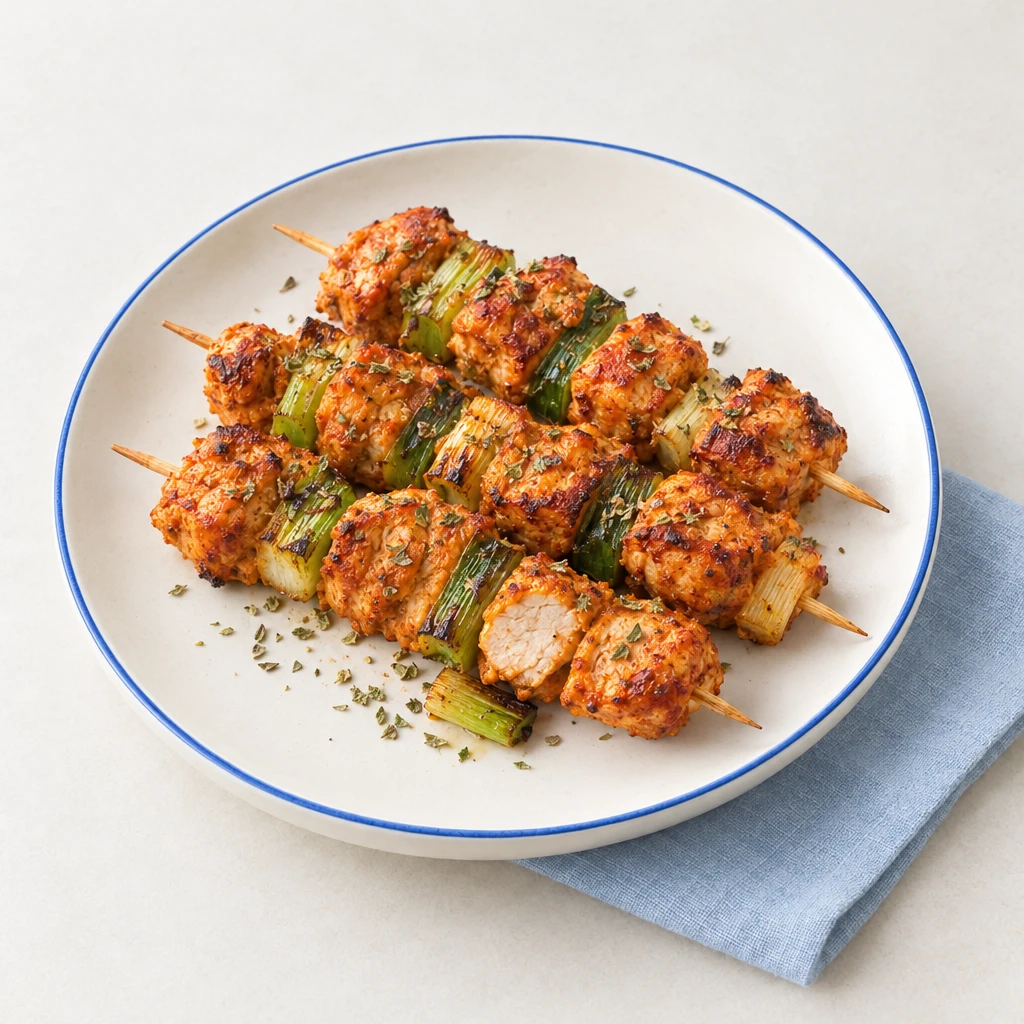 Oven-roasted tandoori turkey skewers with spring onions and a spiced yoghurt coating on a plate.