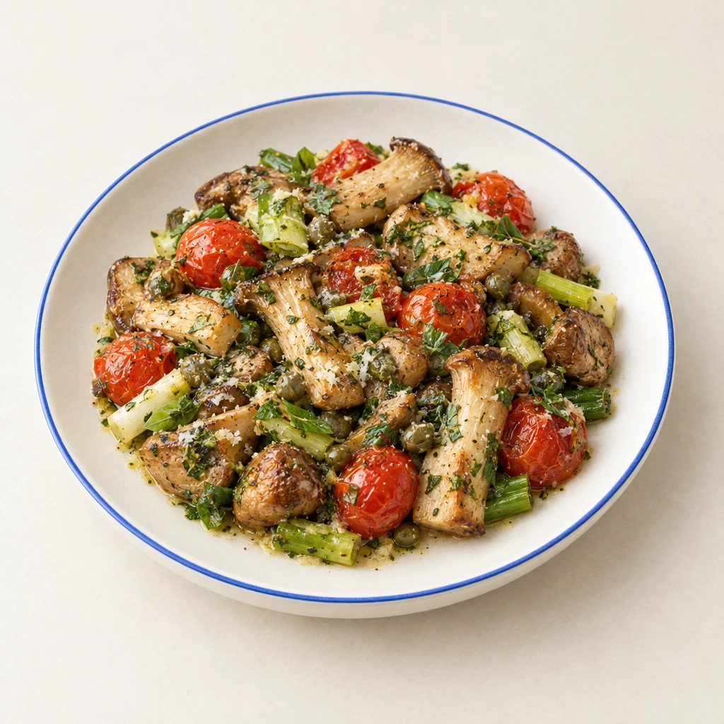 Grilled mushrooms with cherry tomatoes, spring onions and capers in Parmesan and herb butter, in opened foil parcels.