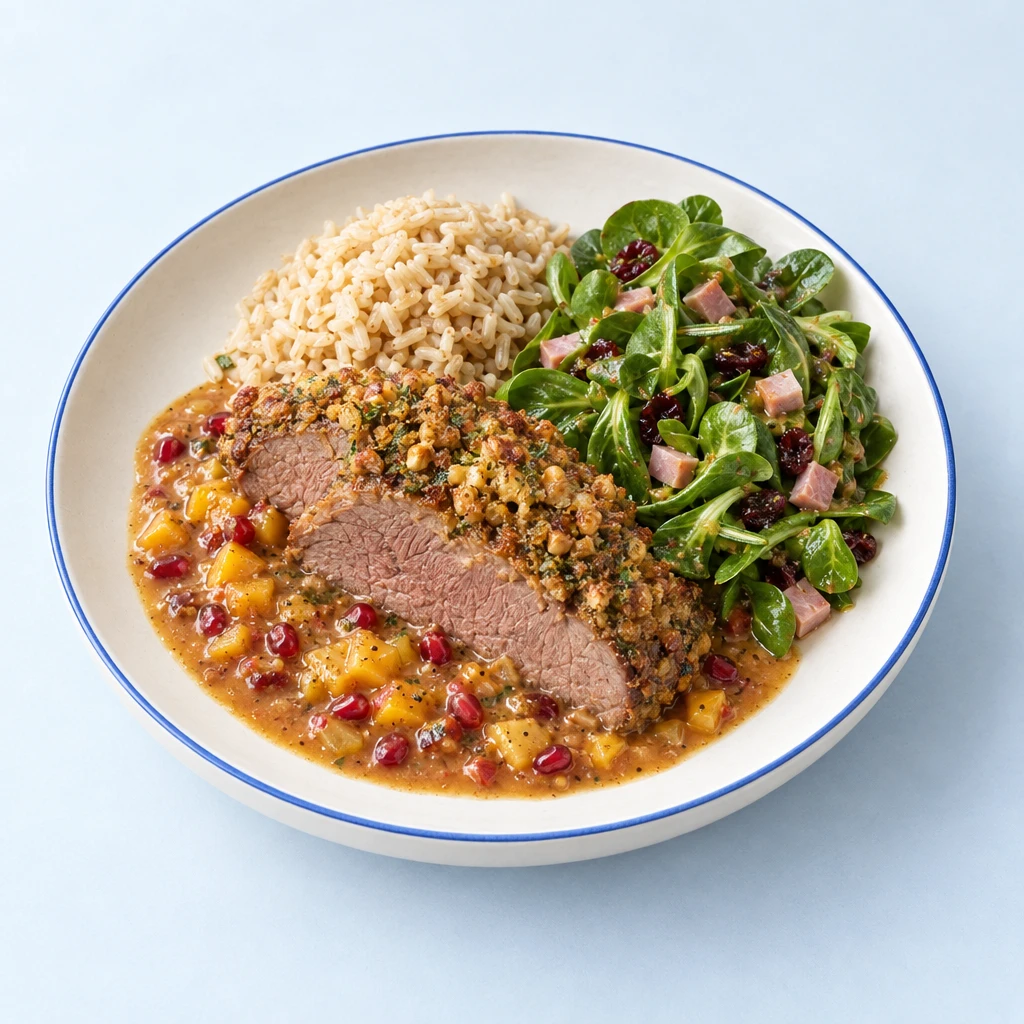 Aufgeschnittener Rinderbraten mit goldbrauner Walnusskruste, Mango-Granatapfel-Soße und Feldsalat mit Schinkenwürfeln.