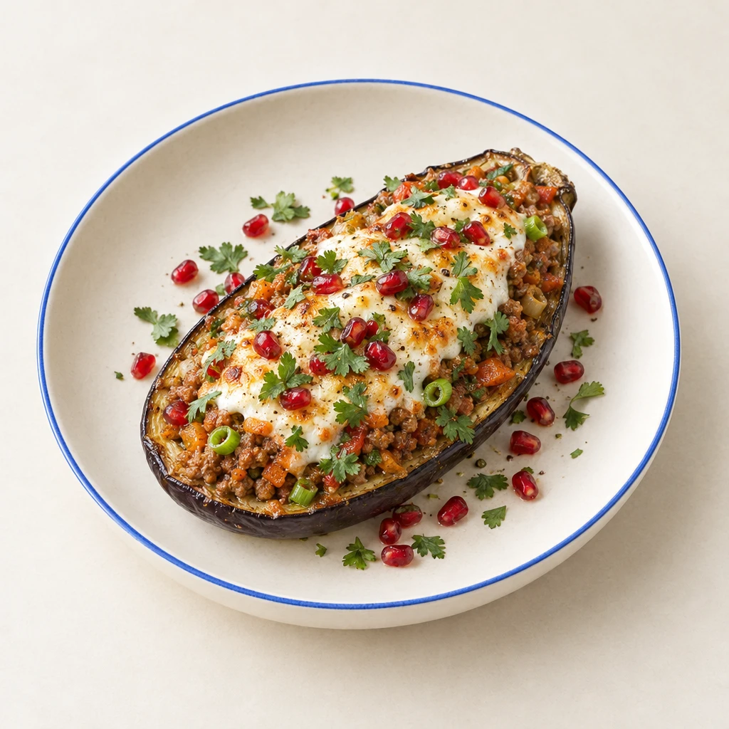 Baked aubergine halves with a beef mince filling, creamy mozzarella and yoghurt, pomegranate seeds and coriander.