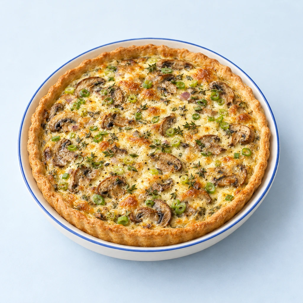 Golden mushroom quiche with a crisp pastry edge and a cut slice revealing the mushroom and mozzarella filling.