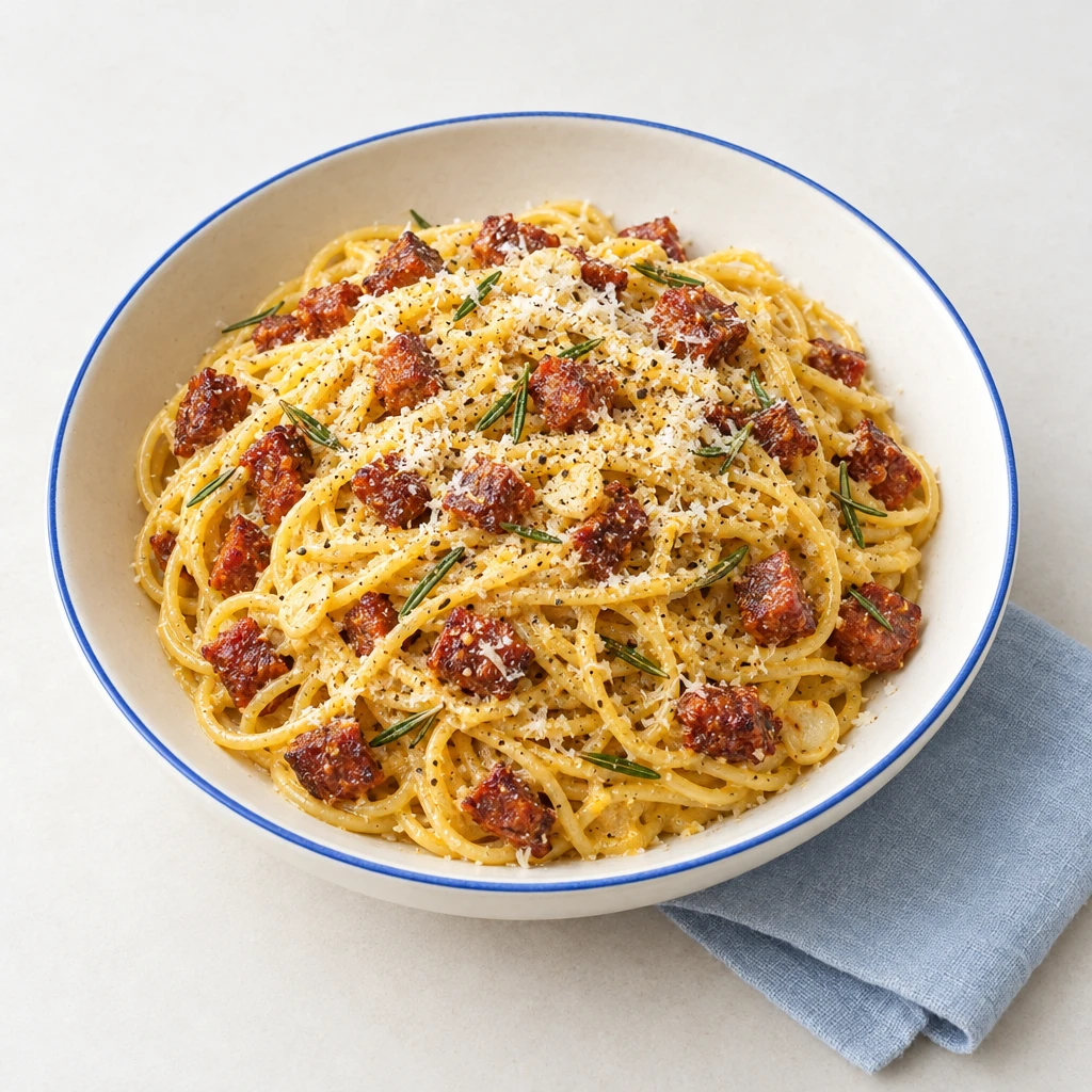 Spaghetti mit knusprigen Chorizowürfeln, glänzender Eiersauce, Rosmarin, geriebenem Parmesan und Pfeffer auf einem Teller.