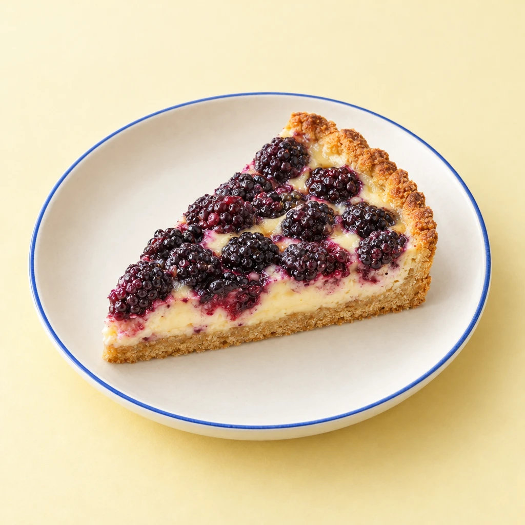 Blackberry cake with a golden shortcrust pastry edge and creamy soured cream filling, with a wedge cut out.