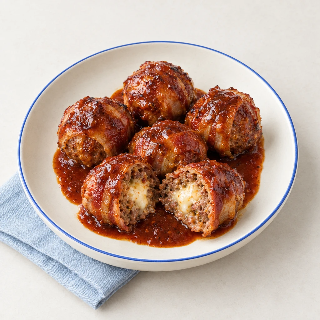 Barbecue-glazed, bacon-wrapped beef meatballs on a plate, with one cut open to reveal melted mozzarella.