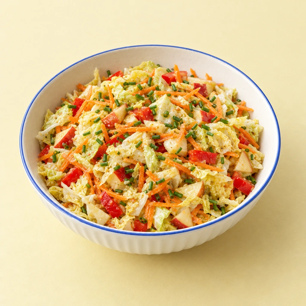 Colourful Chinese cabbage salad with red pepper, carrot, apple and chives, served with wholemeal bread.