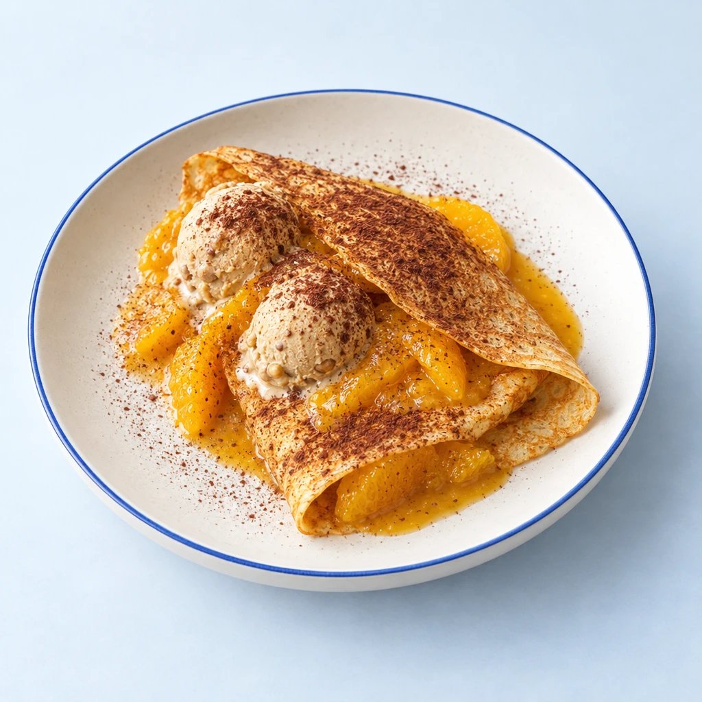 Cappuccino crêpe with orange segments, cardamom-scented orange sauce, walnut ice cream and cocoa powder.