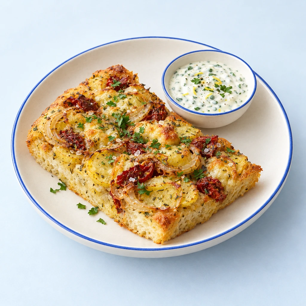 Kartoffel-Focaccia mit Kartoffelscheiben, getrockneten Tomaten, Zwiebeln, Käse und Petersilie, daneben ein cremiger Kräuterdip.