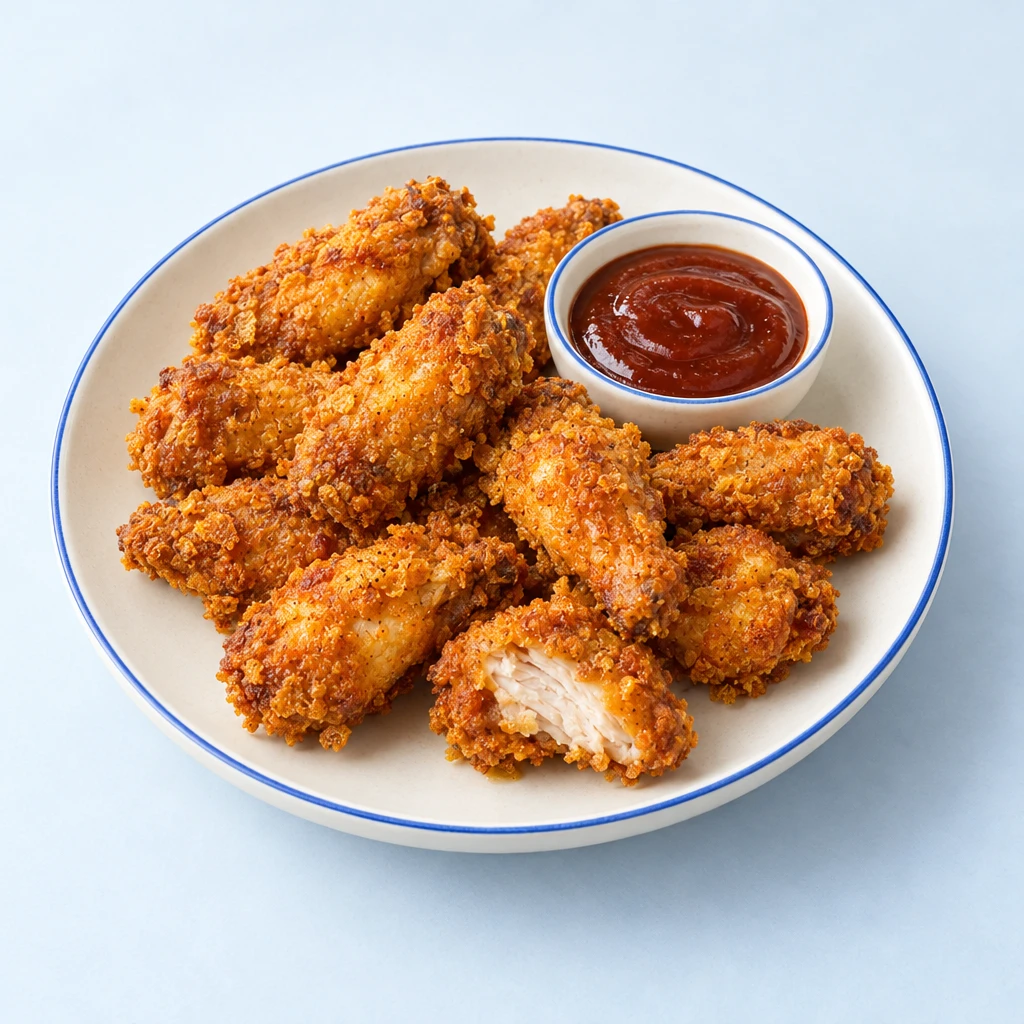 Goldbraun frittierte Hähnchenflügel mit knuspriger Cornflakes-Panade und BBQ-Sauce auf einem Teller.