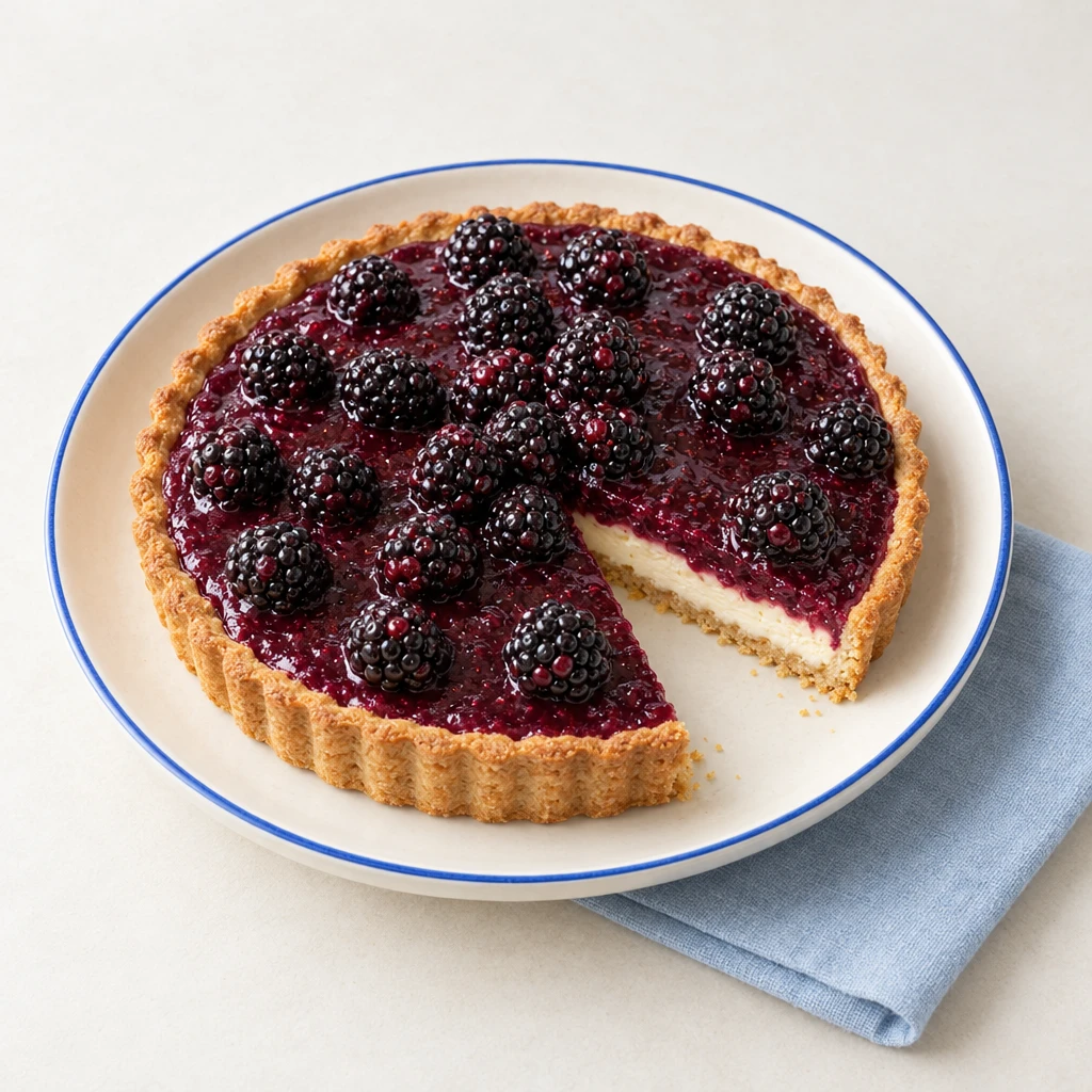 Sliced blackberry tart with hazelnut shortcrust pastry, a pale cream cheese layer and a dark blackberry topping, decorated with blackberries.