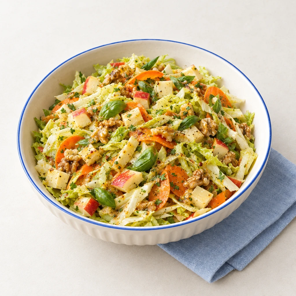 Bunter Endiviensalat mit Apfelwürfeln, Käse, Karottenscheiben und Walnussdressing, dazu Vollkornbrot.