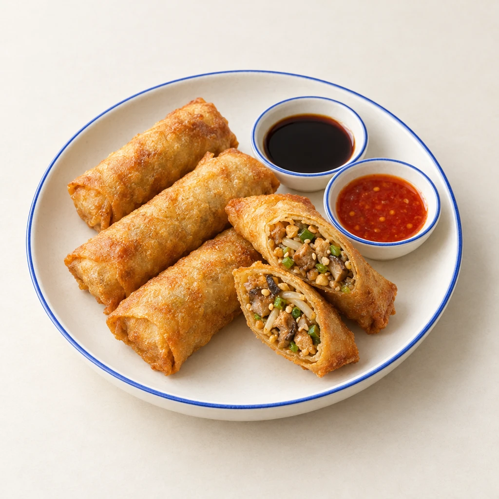 Golden-brown spring rolls, one cut open to reveal the chicken and vegetable filling, with soy and chilli sauces.
