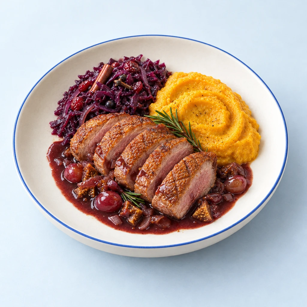 Aufgeschnittene Entenbrust mit dunkler Feigen-Trauben-Sauce, Rotkohl und orangefarbenem Kürbispüree.