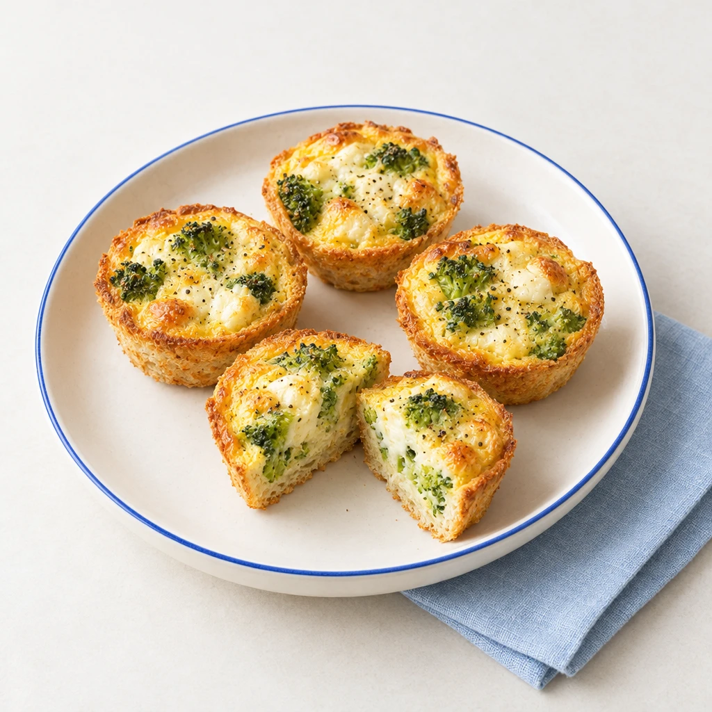 Mini quiches with golden bread crusts, broccoli and melted mozzarella on a plate, with one cut in half.