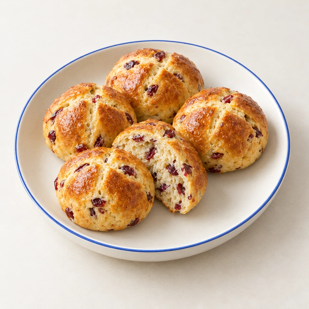 Golden-brown cranberry buns with cross-scored crusts, one split open to reveal pieces of cranberry in the crumb.