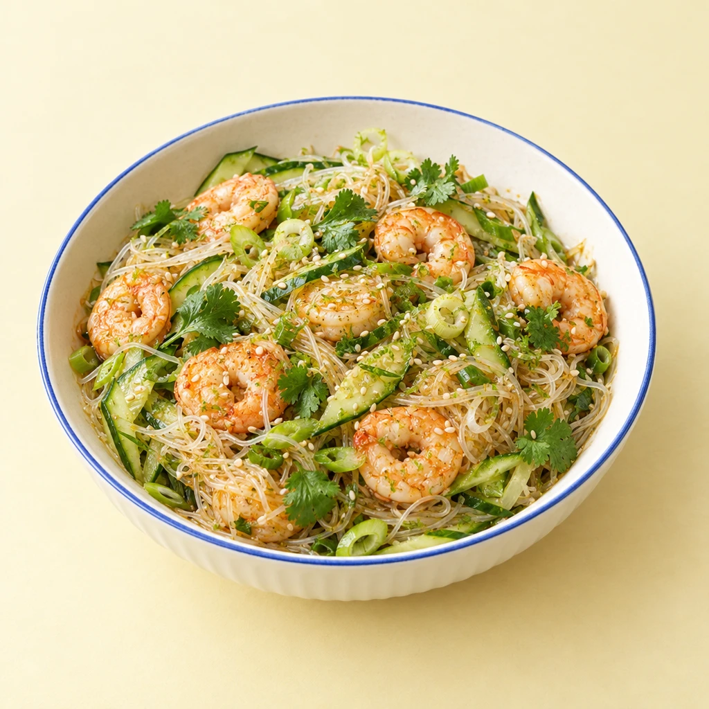 Glass noodle salad with cucumber ribbons, spring onion and coriander, alongside fried prawns sprinkled with pale sesame seeds.