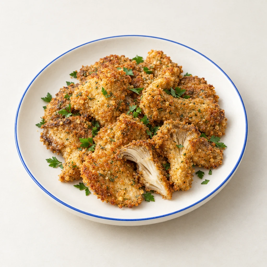 Golden-brown oyster mushrooms with a breadcrumb and hazelnut coating, garnished with parsley on a plate.