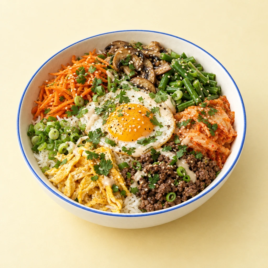 Bibimbap with rice, beef mince, vegetables, kimchi and strips of fried egg, topped with yoghurt and cashew sauce, herbs and cashews.