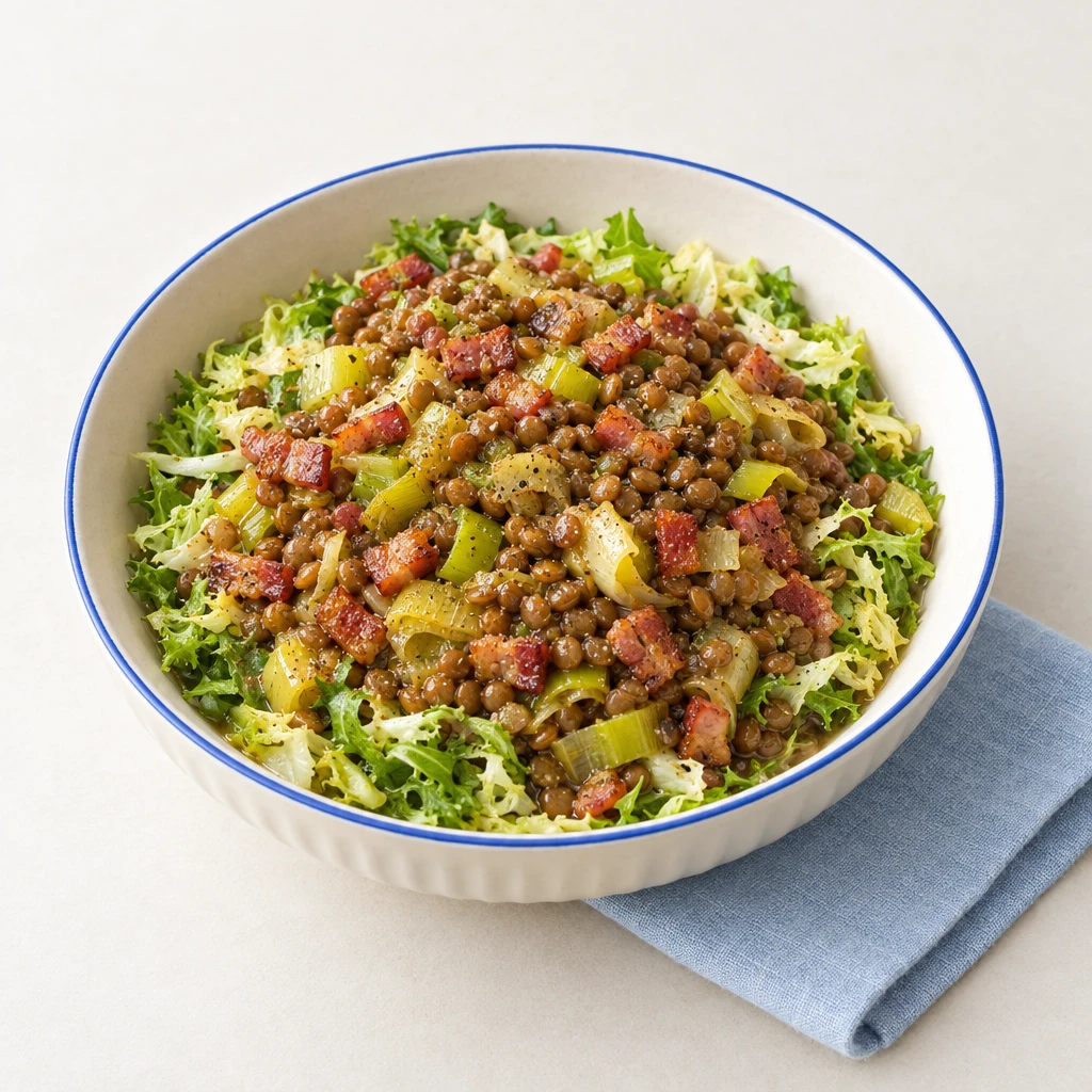 Warmer Linsensalat auf fein geschnittener Endivie mit Lauch, knusprigem Speck und Walnussbrot.