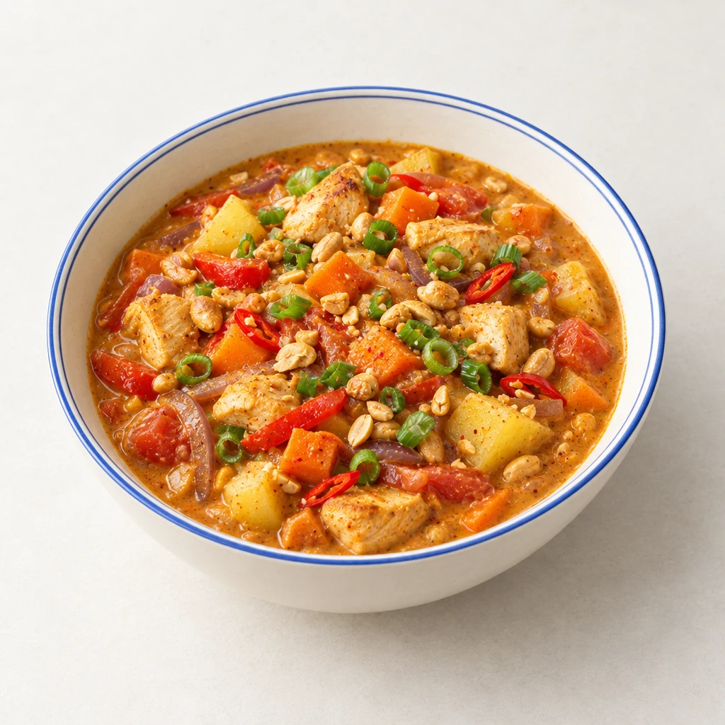 Peanut stew with chicken, potatoes and vegetables, topped with roasted peanuts, chilli strips and spring onions.