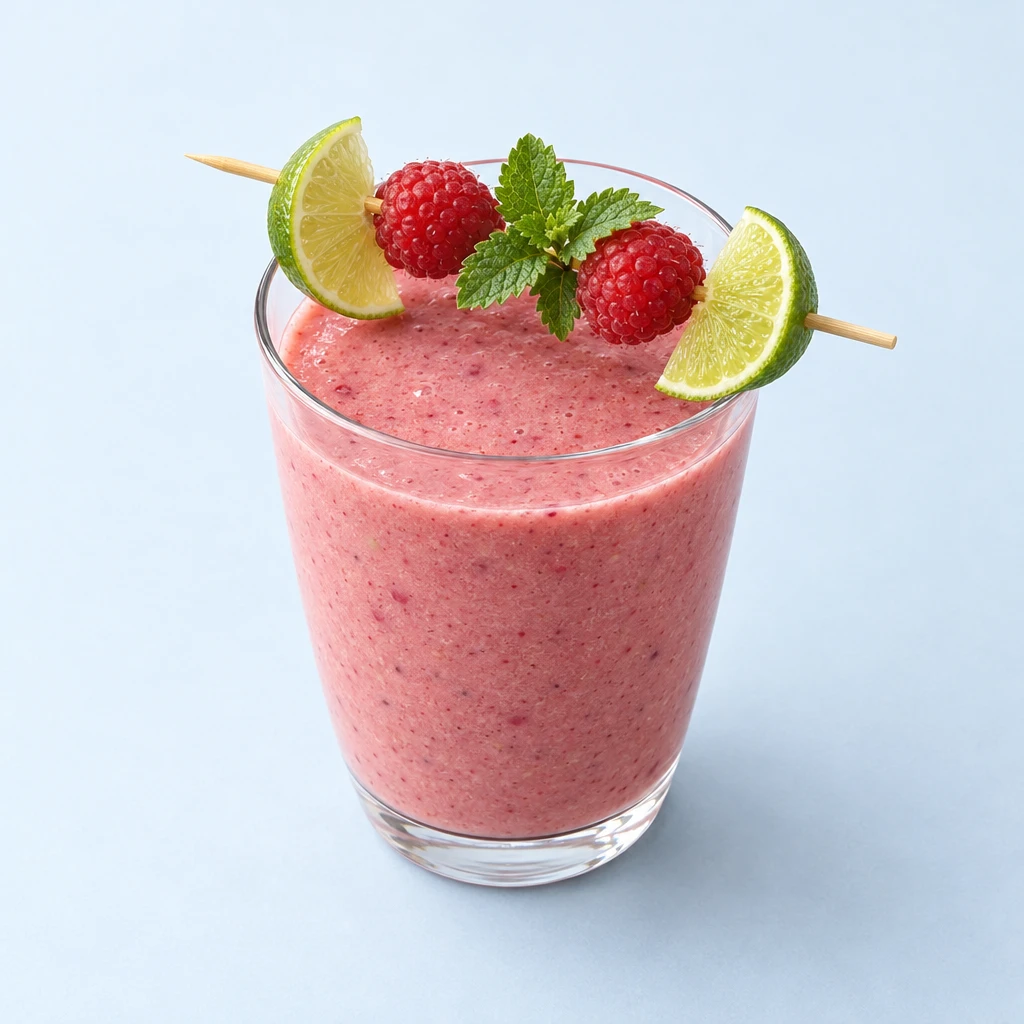 Pink berry and soya shake in a glass, garnished with a raspberry and lime skewer and lemon balm.