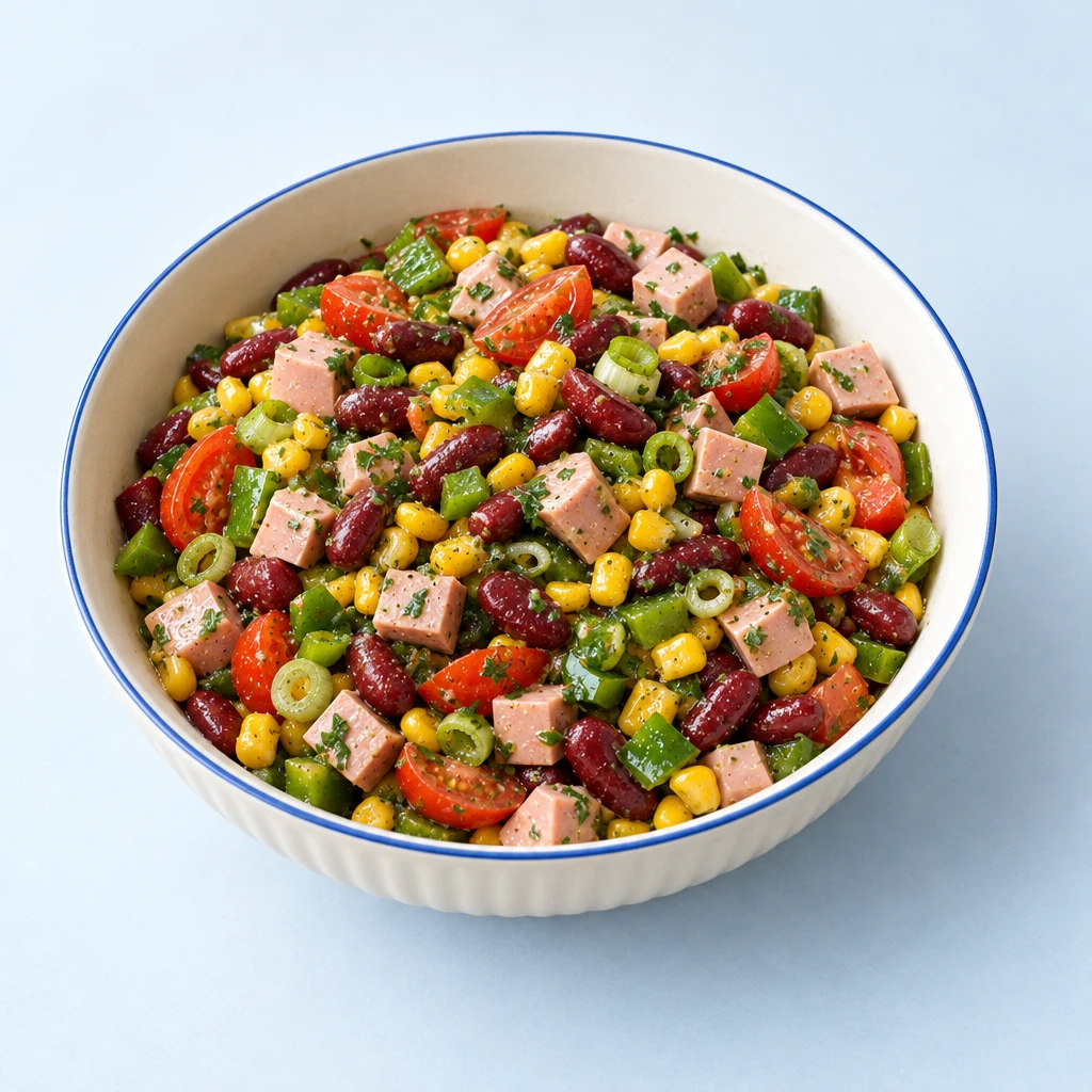 Colourful sausage salad with kidney beans, sweetcorn, green pepper, cherry tomatoes and spring onions in a shallow bowl.