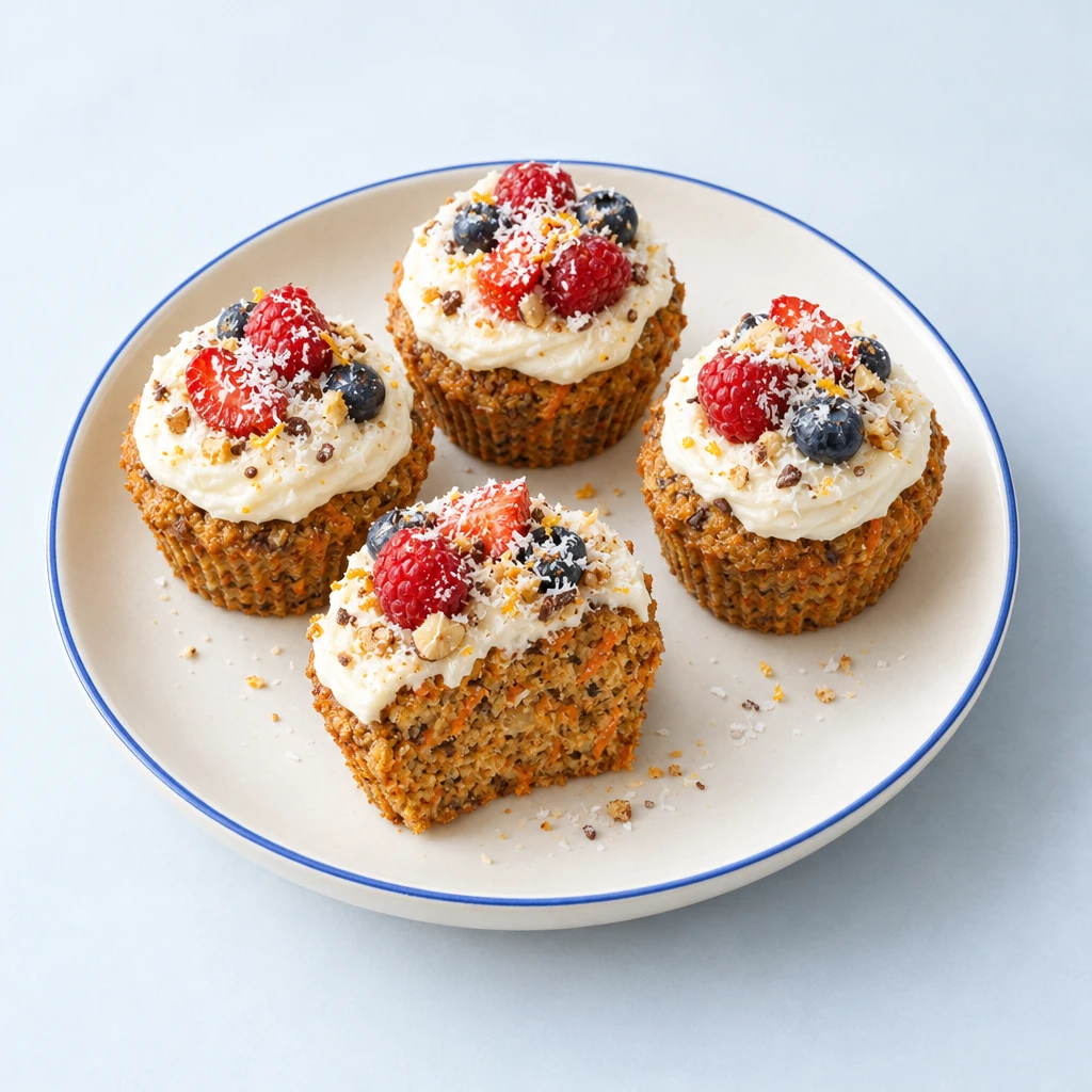 Carrot muffins with white cream cheese frosting, mixed berries and a light dusting of coconut flour on a plate.