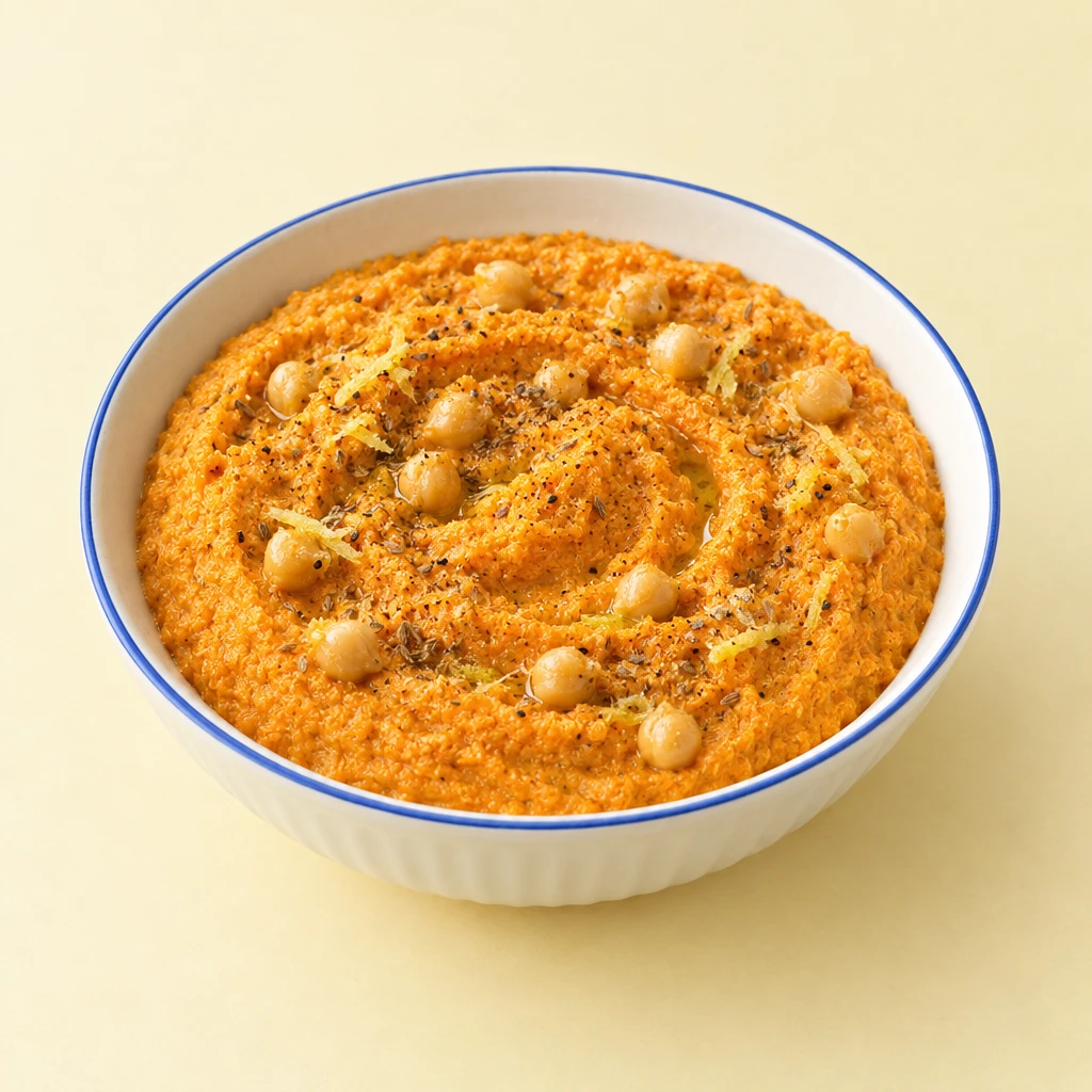 Creamy orange carrot hummus with gentle swirls in a shallow bowl.