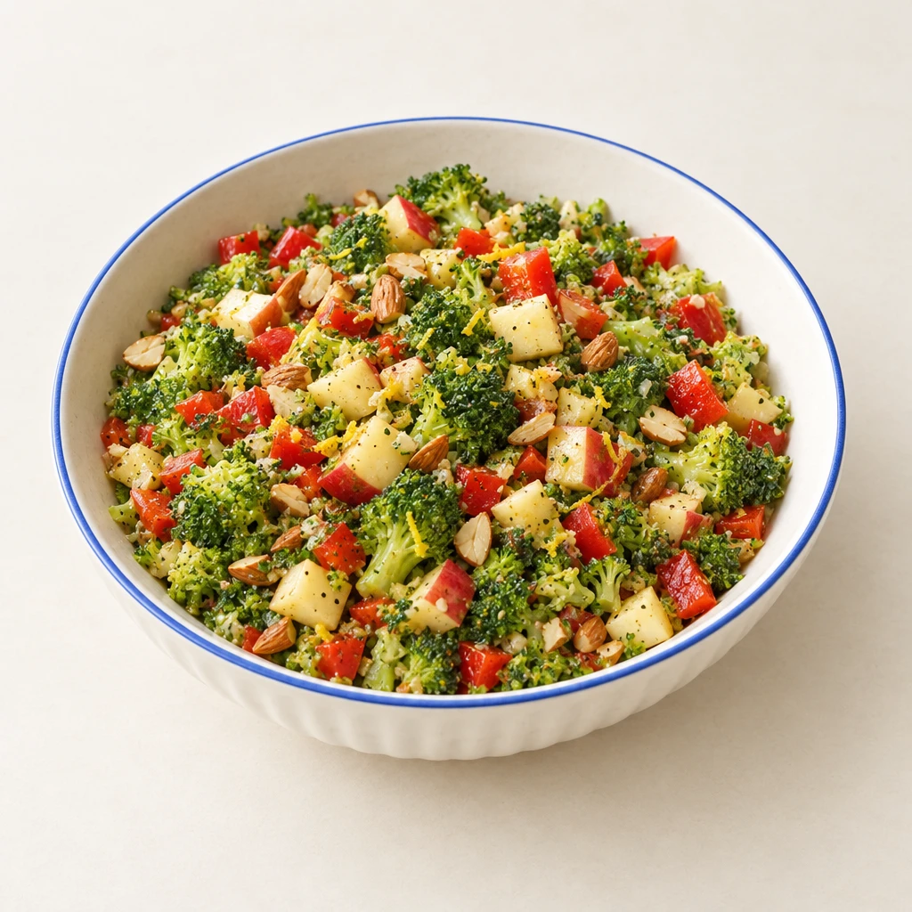Chopped raw broccoli salad with red pepper, diced apple and toasted almonds in a lemon dressing.