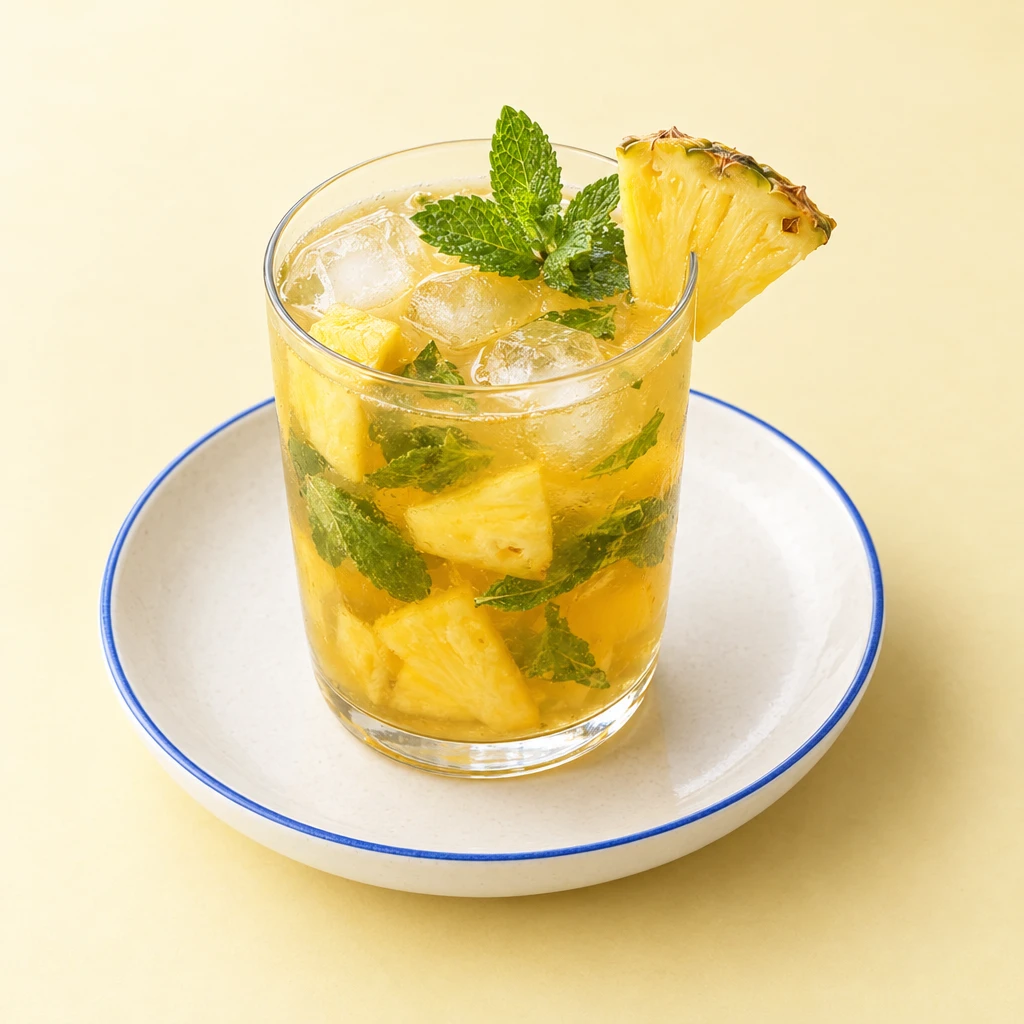 Pineapple iced tea in a glass with pineapple chunks, ice cubes and fresh mint.
